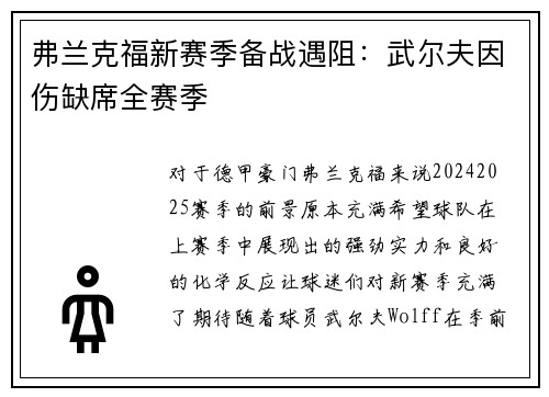 弗兰克福新赛季备战遇阻：武尔夫因伤缺席全赛季