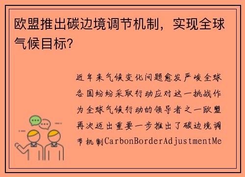 欧盟推出碳边境调节机制，实现全球气候目标？