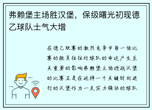 弗赖堡主场胜汉堡，保级曙光初现德乙球队士气大增